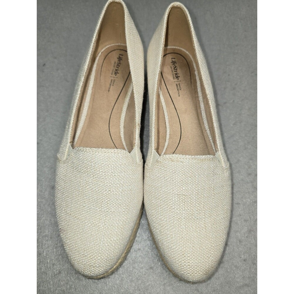 LifeStride Kamilla Womens 9.5W Cream Fabric Espadrille Wedge Slip On Shoes